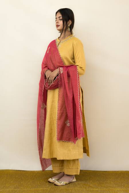 Mithi Supari_Beige Tissue, Silk Embroidery, Sequins, Mirrors High Neck Kurta Pant Set _Online_at_Aza_Fashions