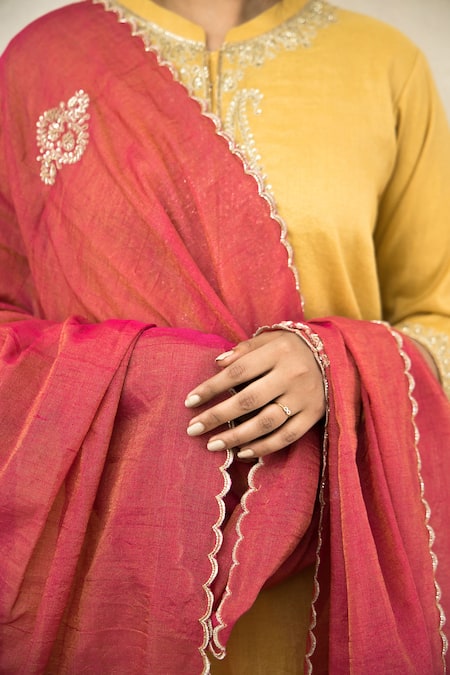 Mithi Supari_Beige Tissue, Silk Embroidery, Sequins, Mirrors High Neck Kurta Pant Set _at_Aza_Fashions