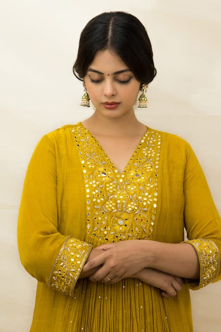 Shop Mithi Supari Yellow Chanderi, Cotton Embroidery V-neck Yoke Tunic And Pant Set Online at Aza Fashions Shop_Mithi Supari_Yellow Chanderi, Cotton Embroidery V-neck Yoke Tunic And Pant Set _Online_at_Aza_Fashions