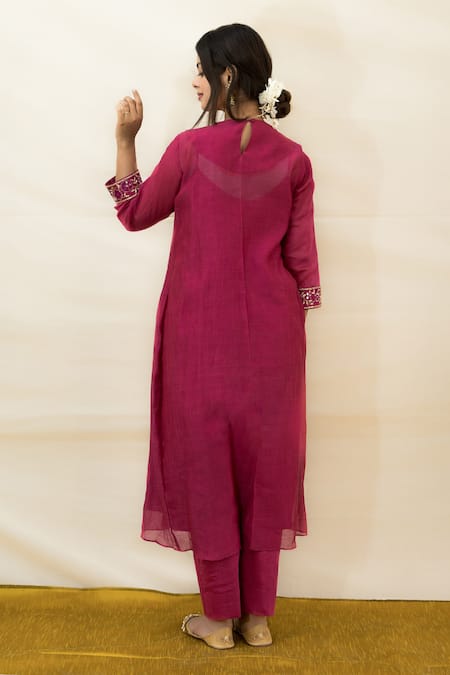 Shop Mithi Supari Wine Chanderi, Cotton Mirrors, Zari, Embroidery V-neck Yoke Tunic And Pant Set at Aza Fashions Shop_Mithi Supari_Wine Chanderi, Cotton Mirrors, Zari, Embroidery V-neck Yoke Tunic And Pant Set _at_Aza_Fashions