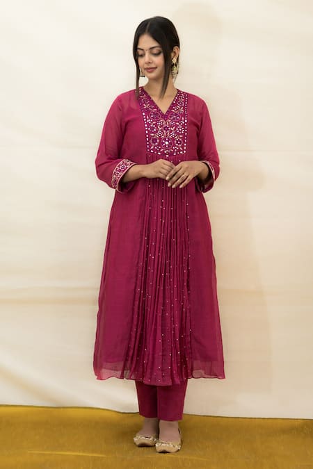 Mithi Supari Wine Chanderi, Cotton Mirrors, Zari, Embroidery V-neck Yoke Tunic And Pant Set Online at Aza Fashions Mithi Supari_Wine Chanderi, Cotton Mirrors, Zari, Embroidery V-neck Yoke Tunic And Pant Set _Online_at_Aza_Fashions
