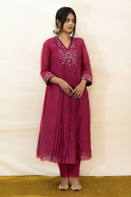 Buy Mithi Supari Wine Chanderi, Cotton Mirrors, Zari, Embroidery V-neck Yoke Tunic And Pant Set Online at Aza Fashions Buy_Mithi Supari_Wine Chanderi, Cotton Mirrors, Zari, Embroidery V-neck Yoke Tunic And Pant Set _Online_at_Aza_Fashions