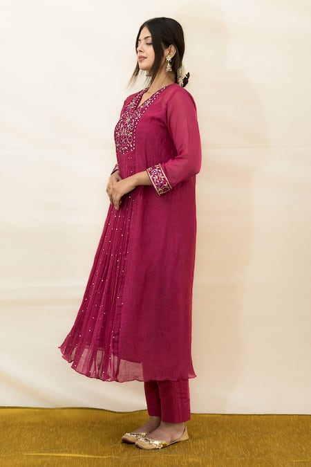Shop Mithi Supari Wine Chanderi, Cotton Mirrors, Zari, Embroidery V-neck Yoke Tunic And Pant Set Online at Aza Fashions Shop_Mithi Supari_Wine Chanderi, Cotton Mirrors, Zari, Embroidery V-neck Yoke Tunic And Pant Set _Online_at_Aza_Fashions