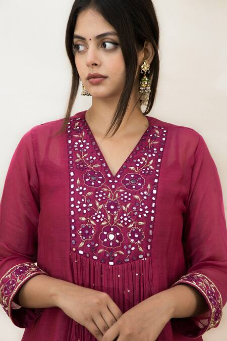 Mithi Supari Wine Chanderi, Cotton Mirrors, Zari, Embroidery V-neck Yoke Tunic And Pant Set at Aza Fashions Mithi Supari_Wine Chanderi, Cotton Mirrors, Zari, Embroidery V-neck Yoke Tunic And Pant Set _at_Aza_Fashions
