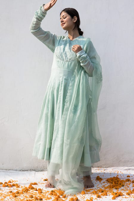 Buy_Mithi Supari_Green Silk, Organza, Chanderi Embroidery Round Neck Bela Yoke Anarkali Set _Online_at_Aza_Fashions