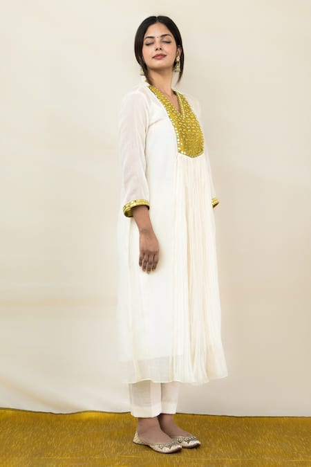Buy Mithi Supari Ivory Chanderi, Cotton Mirrors V-neck Meer Front Gathered Tunic And Pant Set Online at Aza Fashions Buy_Mithi Supari_Ivory Chanderi, Cotton Mirrors V-neck Meer Front Gathered Tunic And Pant Set _Online_at_Aza_Fashions