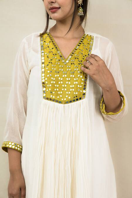 Shop Mithi Supari Ivory Chanderi, Cotton Mirrors V-neck Meer Front Gathered Tunic And Pant Set Online at Aza Fashions Shop_Mithi Supari_Ivory Chanderi, Cotton Mirrors V-neck Meer Front Gathered Tunic And Pant Set _Online_at_Aza_Fashions