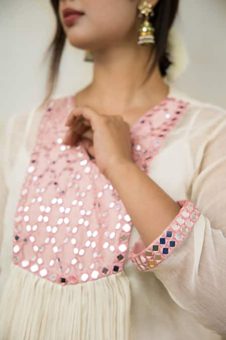 Shop Mithi Supari Ivory Chanderi Mirrors V-neck Meer Yoke Work Tunic And Pant Set Online at Aza Fashions Shop_Mithi Supari_Ivory Chanderi Mirrors V-neck Meer Yoke Work Tunic And Pant Set _Online_at_Aza_Fashions