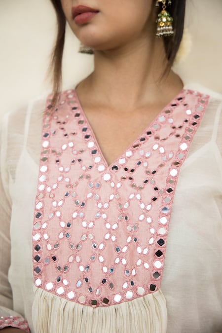 Mithi Supari Ivory Chanderi Mirrors V-neck Meer Yoke Work Tunic And Pant Set at Aza Fashions Mithi Supari_Ivory Chanderi Mirrors V-neck Meer Yoke Work Tunic And Pant Set _at_Aza_Fashions