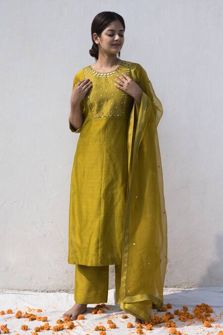 Mithi Supari Green Silk, Chanderi, Organza Mirrors, Embroidery Nisa Yoke Kurta Pant Set at Aza Fashions Mithi Supari_Green Silk, Chanderi, Organza Mirrors, Embroidery Nisa Yoke Kurta Pant Set _at_Aza_Fashions