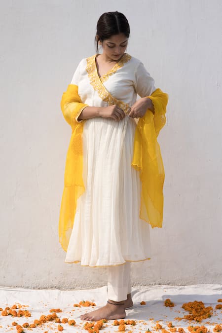 Shop_Mithi Supari_Ivory Chanderi, Organza, Cotton Embroidery V-neck Ruh Angrakha Anarkali Set _Online_at_Aza_Fashions