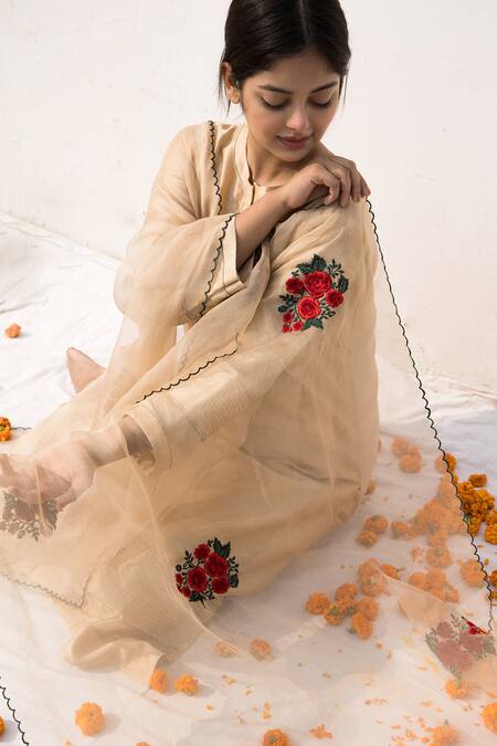 Shop Mithi Supari Beige Silk, Organza Embroidery Round Neck Maya Chanderi Kurta Pant Set Online at Aza Fashions Shop_Mithi Supari_Beige Silk, Organza Embroidery Round Neck Maya Chanderi Kurta Pant Set _Online_at_Aza_Fashions