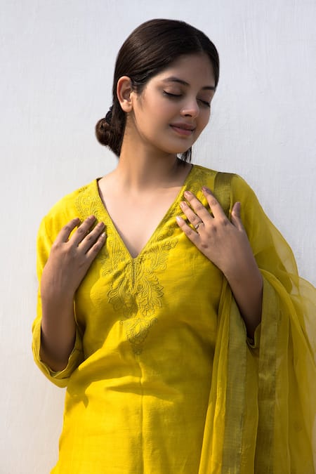 Mithi Supari_Green Silk, Organza, Cotton, Chanderi Embroidery Dhani Yoke Kurta Pant Set _at_Aza_Fashions