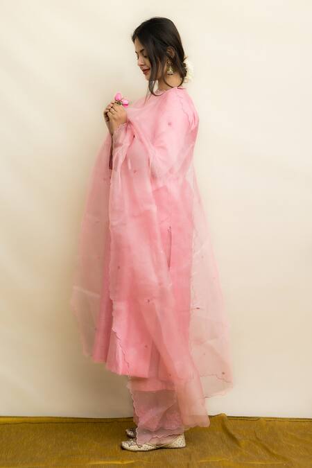 Mithi Supari_Pink Silk, Organza Embroidery Split V-neck Kishori Notched Kurta Pant Set _Online_at_Aza_Fashions