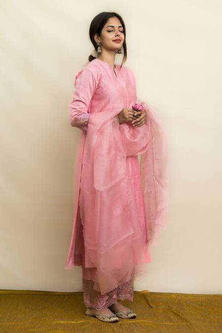 Buy_Mithi Supari_Pink Silk, Organza Embroidery Split V-neck Kishori Notched Kurta Pant Set _Online_at_Aza_Fashions