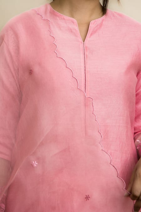 Shop_Mithi Supari_Pink Silk, Organza Embroidery Split V-neck Kishori Notched Kurta Pant Set _Online_at_Aza_Fashions