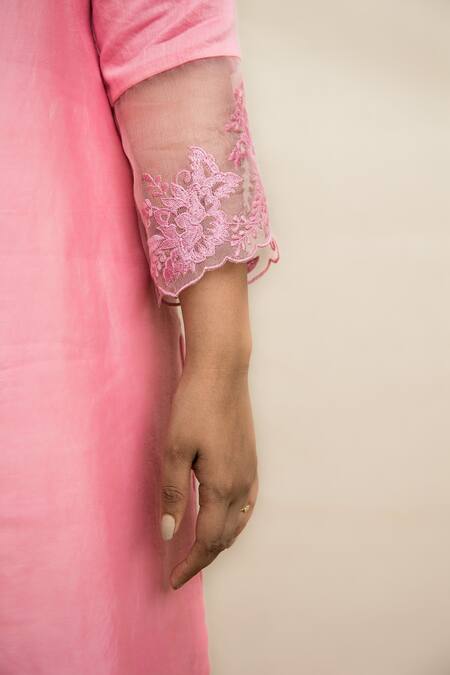 Mithi Supari_Pink Silk, Organza Embroidery Split V-neck Kishori Notched Kurta Pant Set _at_Aza_Fashions