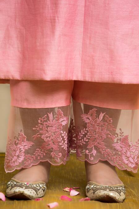 Buy_Mithi Supari_Pink Silk, Organza Embroidery Split V-neck Kishori Notched Kurta Pant Set 