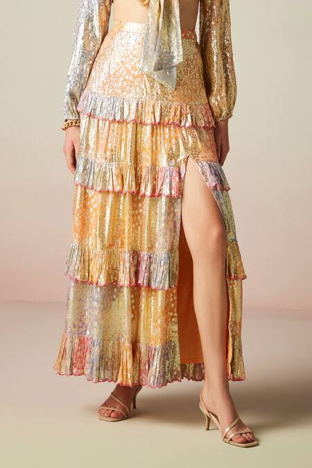 Verb By Pallavi Singhee Multi Color Viscose, Georgette Sequins, Foil Printing Embellished Frill Skirt Online at Aza Fashions Verb By Pallavi Singhee_Multi Color Viscose, Georgette Sequins, Foil Printing Embellished Frill Skirt _Online_at_Aza_Fashions