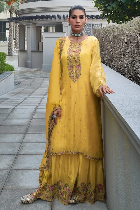 Label Varsha Yellow Kurta Woven Organzapants Flower Placket Set