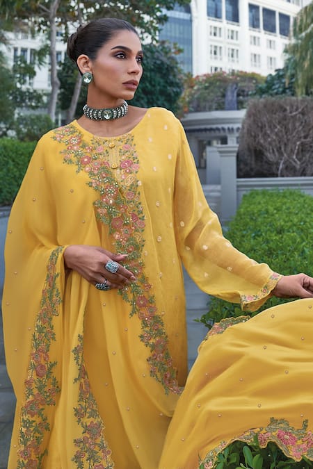 Label Varsha_Yellow Viscose Embroidery Round Neck Flower Bloom Placket Kurta Set_Online_at_Aza_Fashions