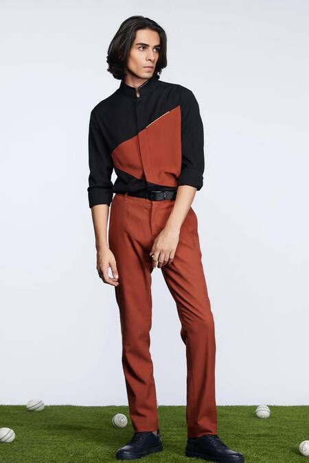 S&N By Shantnu Nikhil_Black Rayon, Faux Leather Colorblock Shirt_Online_at_Aza_Fashions