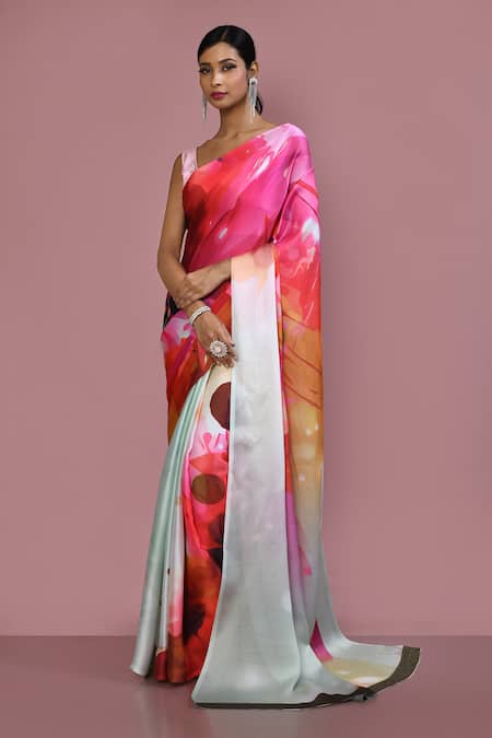 Nazaakat by Samara Singh Multi Color Satin Crepe Printed Surreal Abstract Saree With Running Blouse
