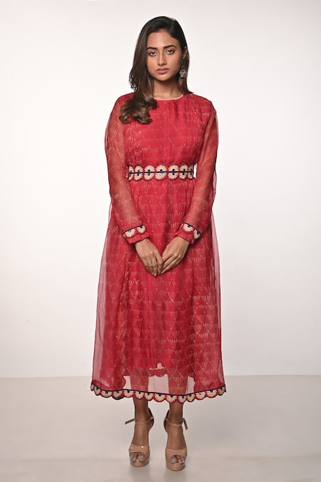 Buy_Soumodeep Dutta_Red Silk Organza Embroidery, Mirrors Round Neck Block Print Dress With Belt_Online_at_Aza_Fashions