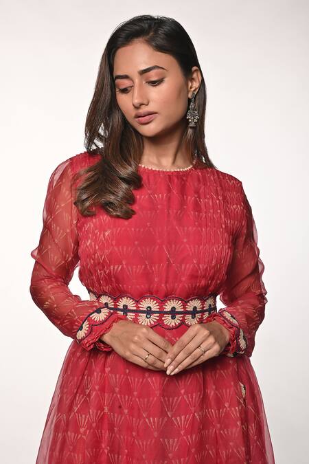 Shop_Soumodeep Dutta_Red Silk Organza Embroidery, Mirrors Round Neck Block Print Dress With Belt_Online_at_Aza_Fashions