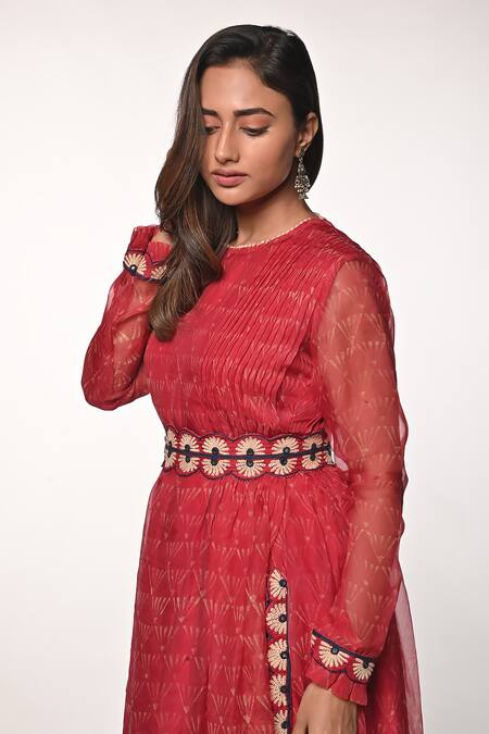 Soumodeep Dutta_Red Silk Organza Embroidery, Mirrors Round Neck Block Print Dress With Belt_at_Aza_Fashions