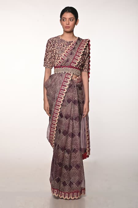Soumodeep Dutta Purple Silk Organza Block Printed Thread And Hand Embroidered Saree With Blouse Online at Aza Fashions Soumodeep Dutta_Purple Silk Organza Block Printed Thread And Hand Embroidered Saree With Blouse_Online_at_Aza_Fashions