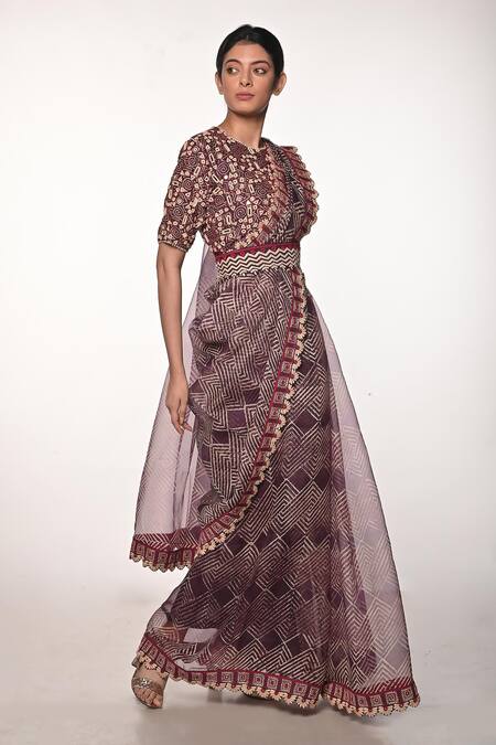 Buy Soumodeep Dutta Purple Silk Organza Block Printed Thread And Hand Embroidered Saree With Blouse Online at Aza Fashions Buy_Soumodeep Dutta_Purple Silk Organza Block Printed Thread And Hand Embroidered Saree With Blouse_Online_at_Aza_Fashions