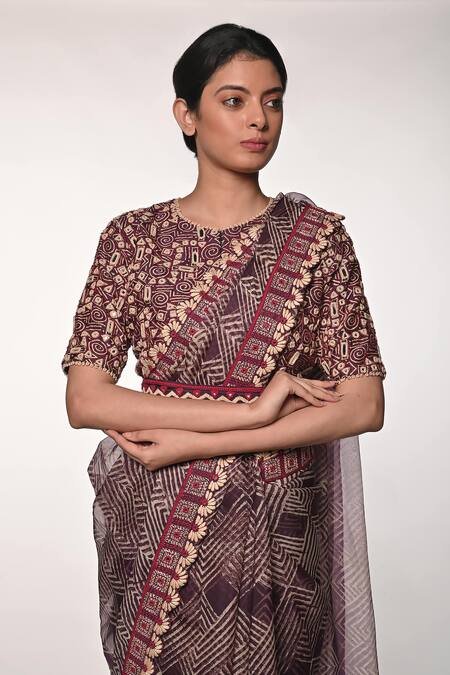 Shop_Soumodeep Dutta_Purple Silk Organza Block Printed Thread And Hand Embroidered Saree With Blouse_Online_at_Aza_Fashions