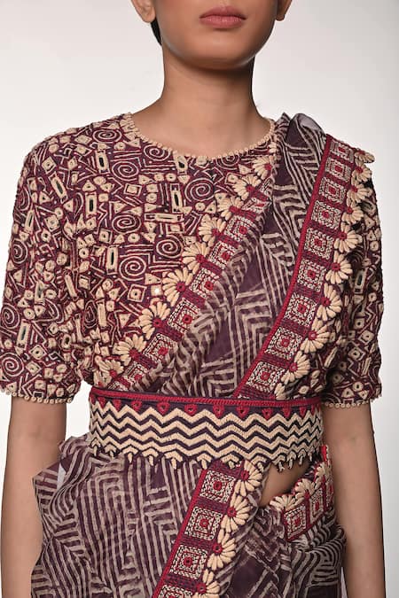 Soumodeep Dutta_Purple Silk Organza Block Printed Thread And Hand Embroidered Saree With Blouse_at_Aza_Fashions