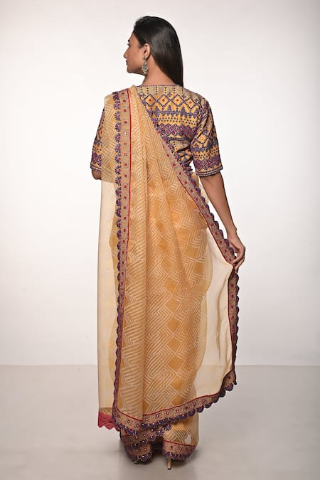 Soumodeep Dutta Block Print & Embroidered Saree With Blouse 