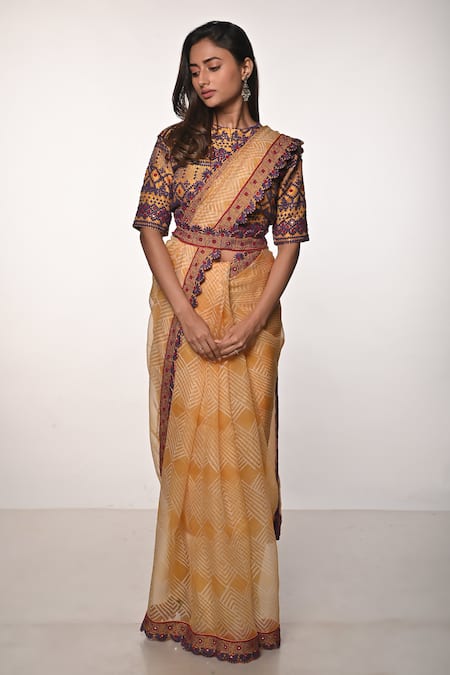 Soumodeep Dutta_Yellow Silk Organza Mirrors, Embroidery Round Block Print And Saree With Blouse _Online_at_Aza_Fashions