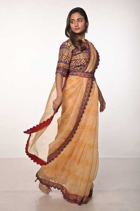 Shop_Soumodeep Dutta_Yellow Silk Organza Mirrors, Embroidery Round Block Print And Saree With Blouse _Online_at_Aza_Fashions