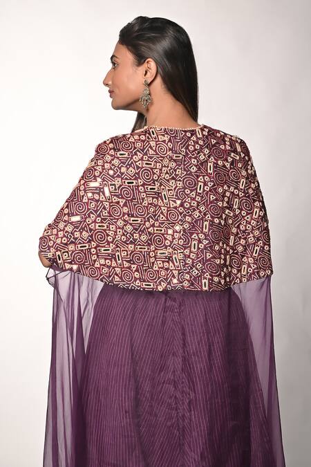Buy_Soumodeep Dutta_Purple Chanderi, Silk Organza, Handloom Cotton, Lycra Hand Tunic And Skirt Set_Online_at_Aza_Fashions