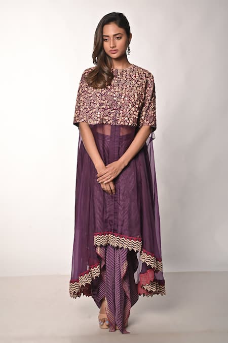 Shop_Soumodeep Dutta_Purple Chanderi, Silk Organza, Handloom Cotton, Lycra Hand Tunic And Skirt Set_Online_at_Aza_Fashions