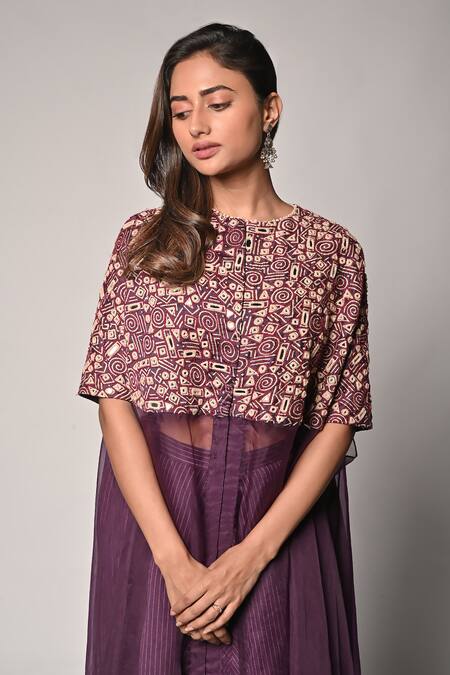Soumodeep Dutta_Purple Chanderi, Silk Organza, Handloom Cotton, Lycra Hand Tunic And Skirt Set_at_Aza_Fashions
