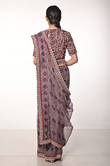 Shop_Soumodeep Dutta_Purple Silk Organza Block Printed Thread Border Embroidered Skirt Saree Set_at_Aza_Fashions