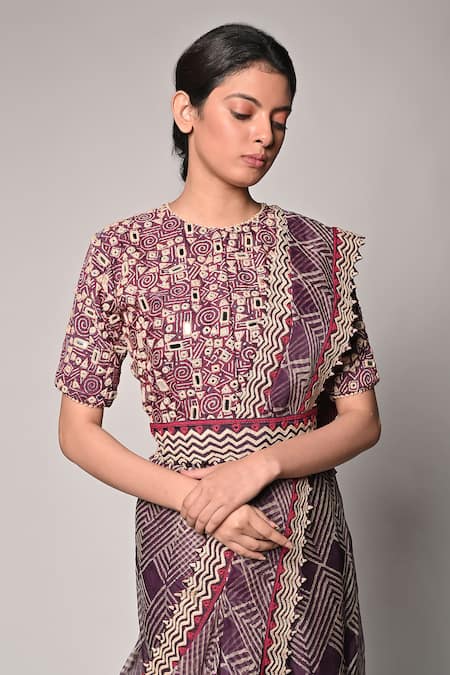 Soumodeep Dutta_Purple Silk Organza Block Printed Thread Border Embroidered Skirt Saree Set_Online_at_Aza_Fashions