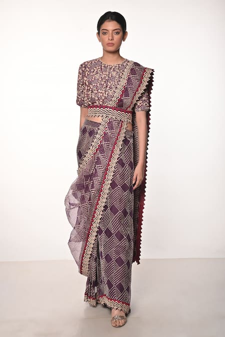 Buy_Soumodeep Dutta_Purple Silk Organza Block Printed Thread Border Embroidered Skirt Saree Set_Online_at_Aza_Fashions