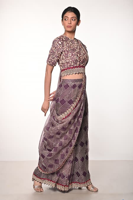 Shop_Soumodeep Dutta_Purple Silk Organza Block Printed Thread Border Embroidered Skirt Saree Set_Online_at_Aza_Fashions