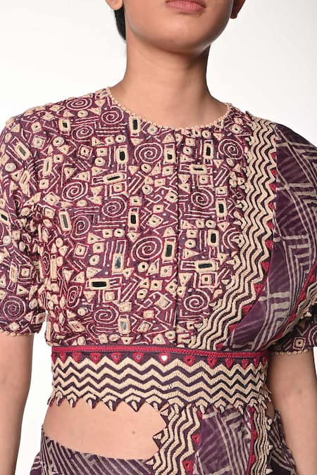 Soumodeep Dutta_Purple Silk Organza Block Printed Thread Border Embroidered Skirt Saree Set_at_Aza_Fashions