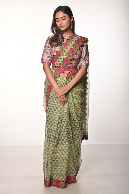 Soumodeep Dutta Green Silk Organza Block Printed Thread And Hand Embroidered Saree With Blouse 