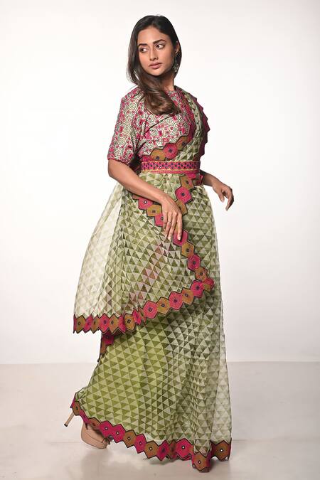 Soumodeep Dutta_Green Silk Organza Mirrors, Embroidery Round Printed And Hand Saree With Blouse_Online_at_Aza_Fashions
