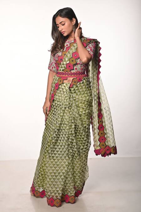 Buy_Soumodeep Dutta_Green Silk Organza Mirrors, Embroidery Round Printed And Hand Saree With Blouse_Online_at_Aza_Fashions