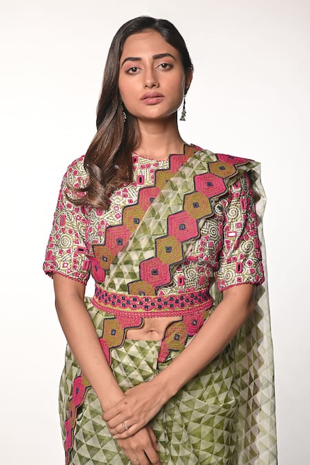 Shop_Soumodeep Dutta_Green Silk Organza Mirrors, Embroidery Round Printed And Hand Saree With Blouse_Online_at_Aza_Fashions