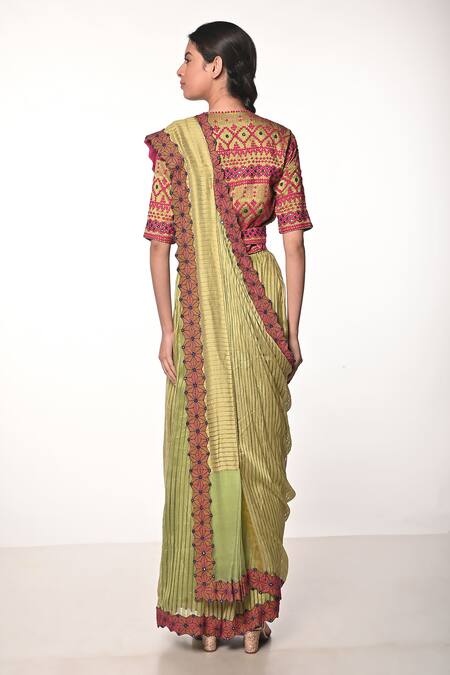Shop_Soumodeep Dutta_Green Silk, Handloom Cotton Embroidery, Mirrors Block Print Skirt Saree Set_at_Aza_Fashions